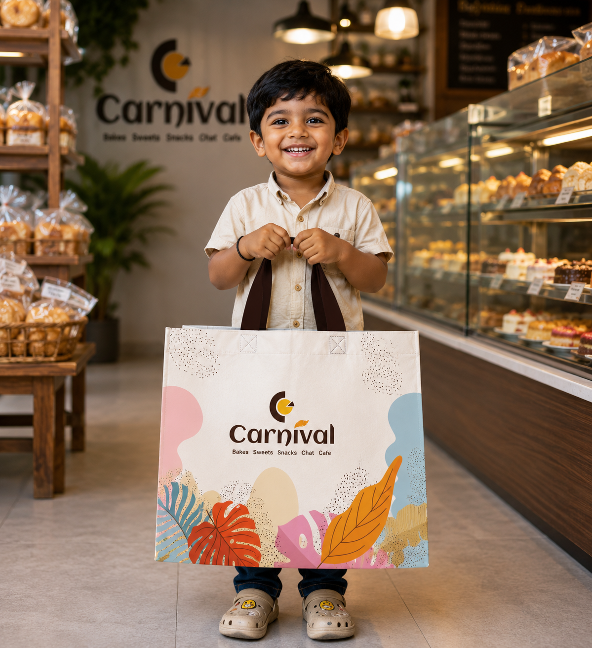 Carnival Bakery reusable shopping bag packaging design with premium retail branding