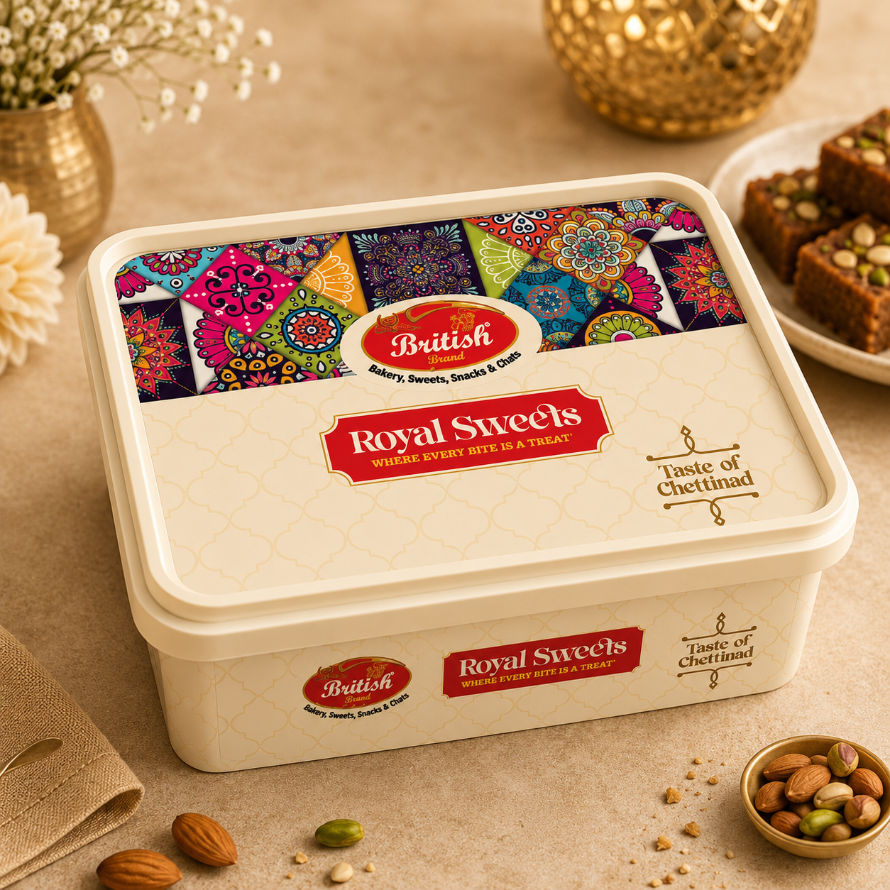 British Brand Royal Sweets premium plastic sweet box packaging design with elegant floral artwork