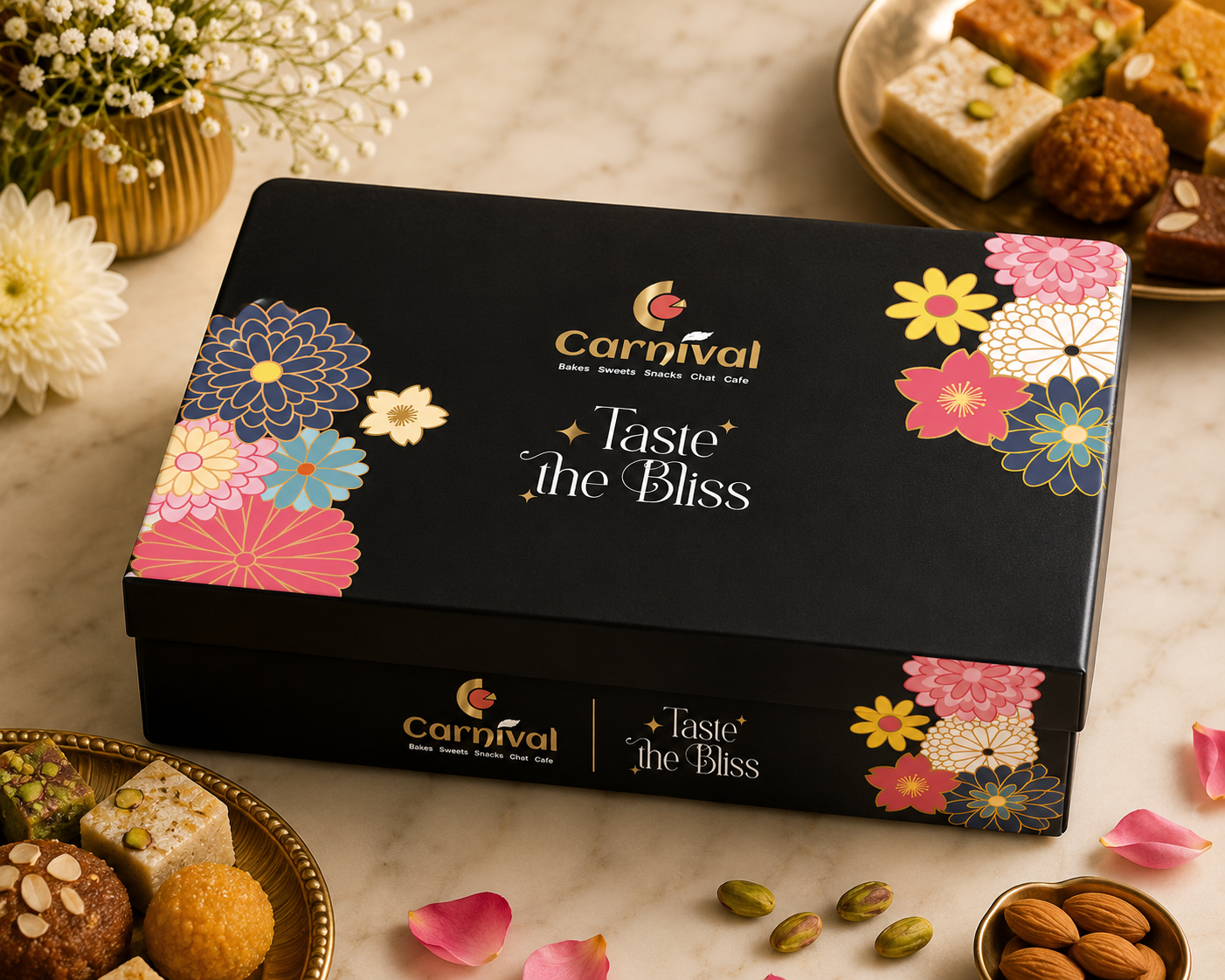 Carnival Bakery premium black sweet gift box packaging design with luxury gold branding