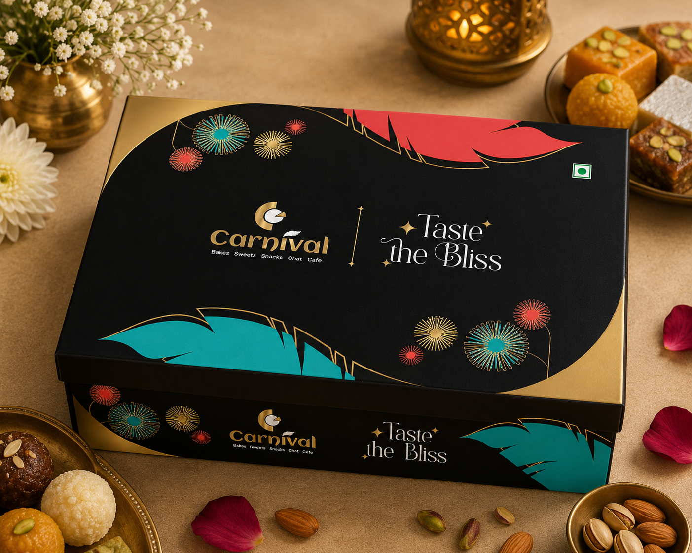 Carnival Bakery premium black sweet gift box packaging design with luxury gold branding
