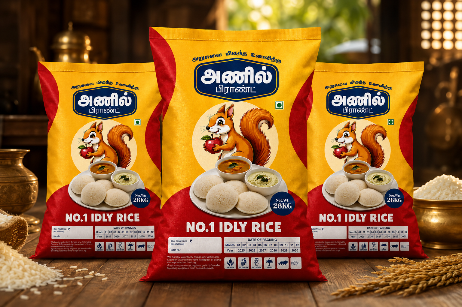 Anil No.1 Idly Rice premium rice bag packaging design displayed in a traditional retail environment