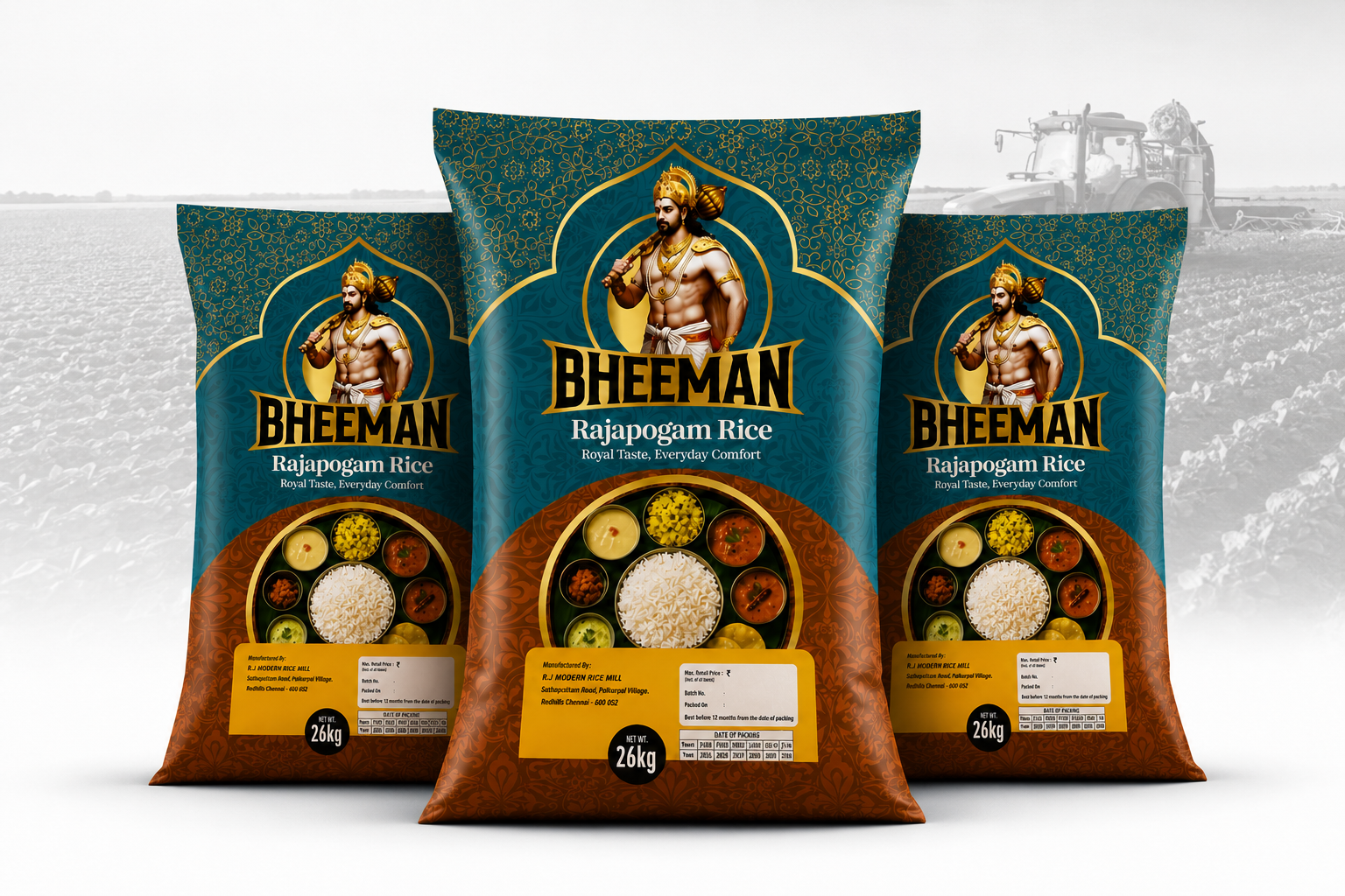 Bheeman Rajapogam Rice premium rice bag packaging design with royal branding and commercial product mockup