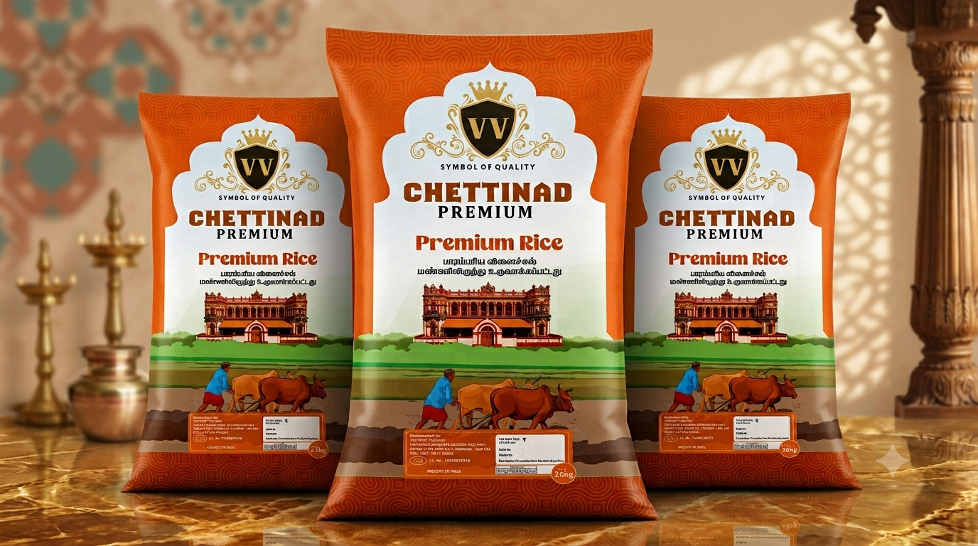 VV Chettinad Premium Rice bag packaging design featuring traditional Chettinad heritage and premium rice branding