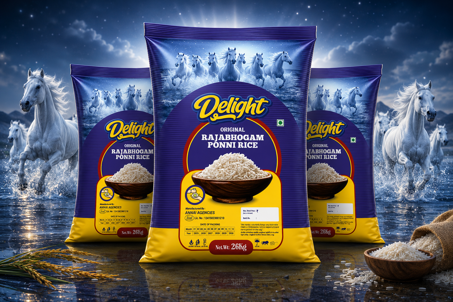 Delight Rajabhogam Ponni Rice premium rice bag packaging design with luxury branding and commercial product mockup