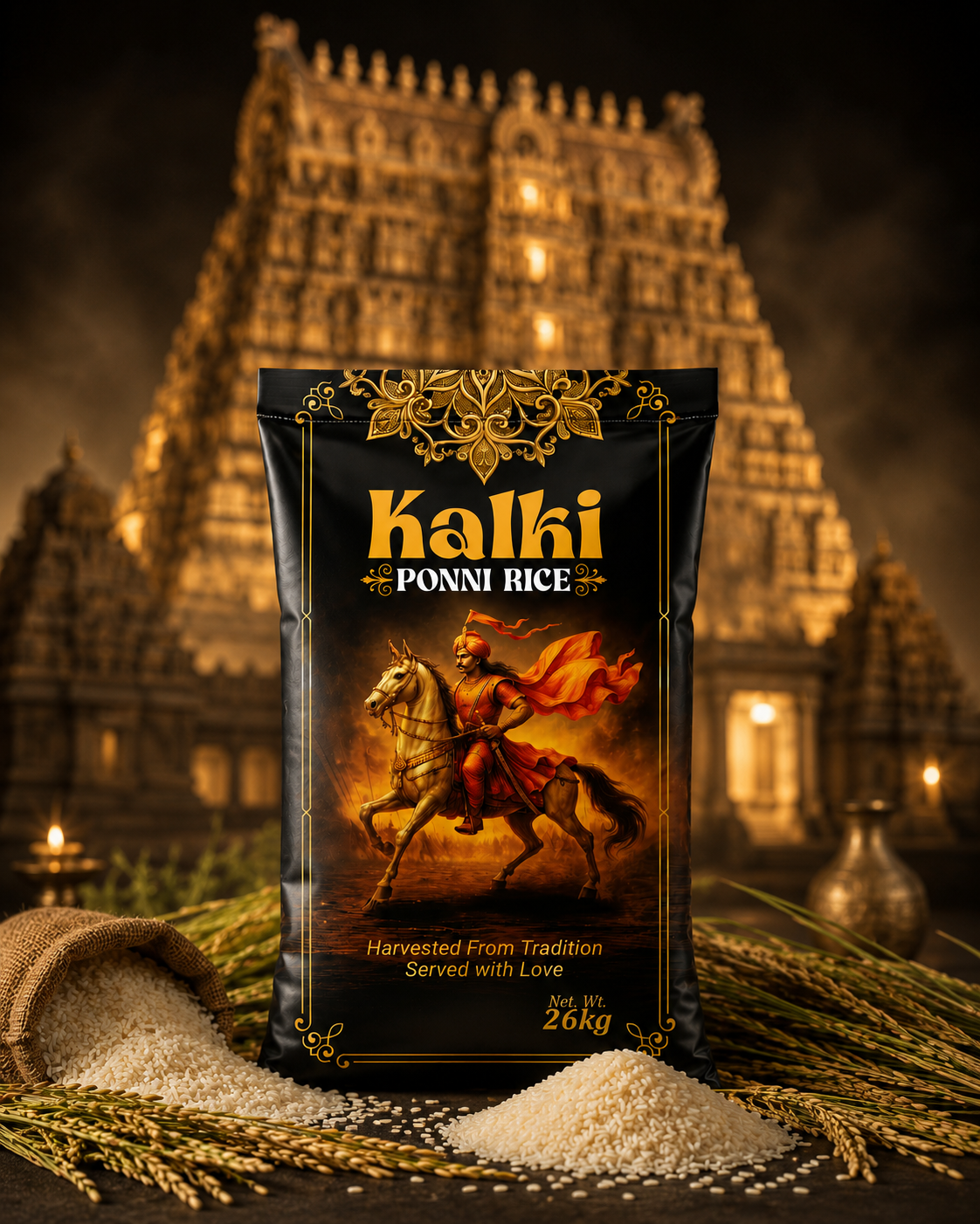 Kalki Ponni Rice premium black and gold rice bag packaging design with warrior illustration and luxury product mockup.