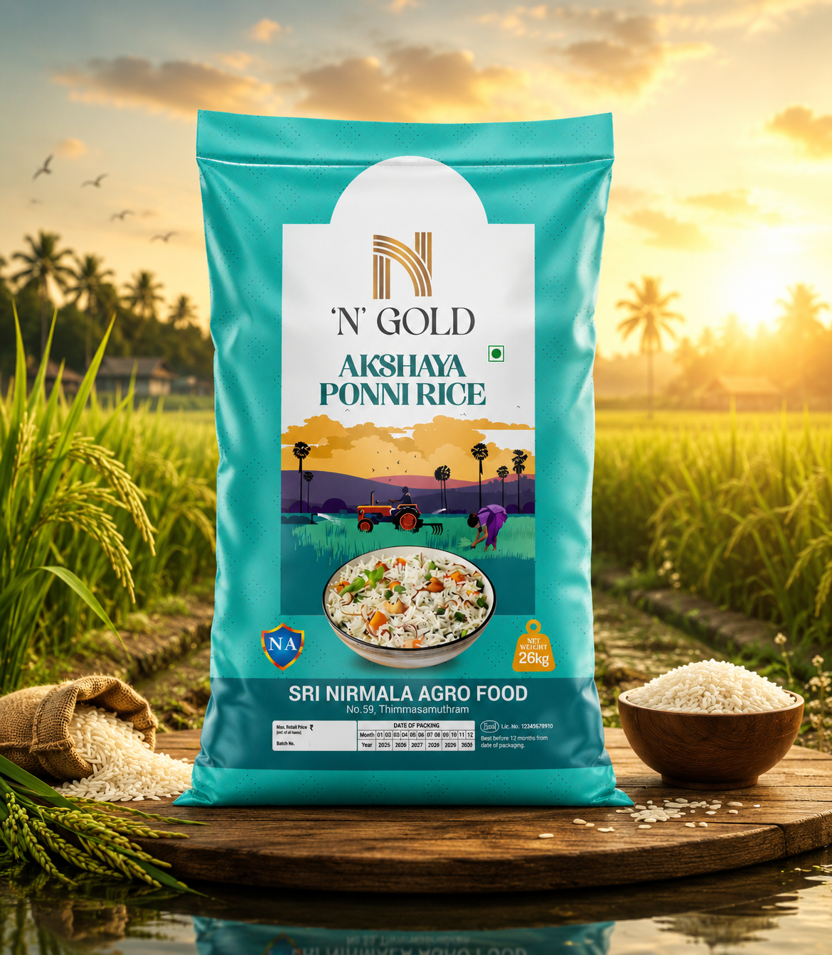 N Gold Akshaya Ponni Rice premium rice bag packaging design featuring agricultural landscape artwork and commercial product mockup.