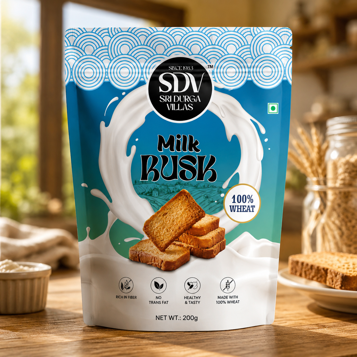 Sri Durga Villas Milk Rusk premium stand-up pouch packaging design with fresh milk splash graphics, bakery product branding, and commercial product mockup.