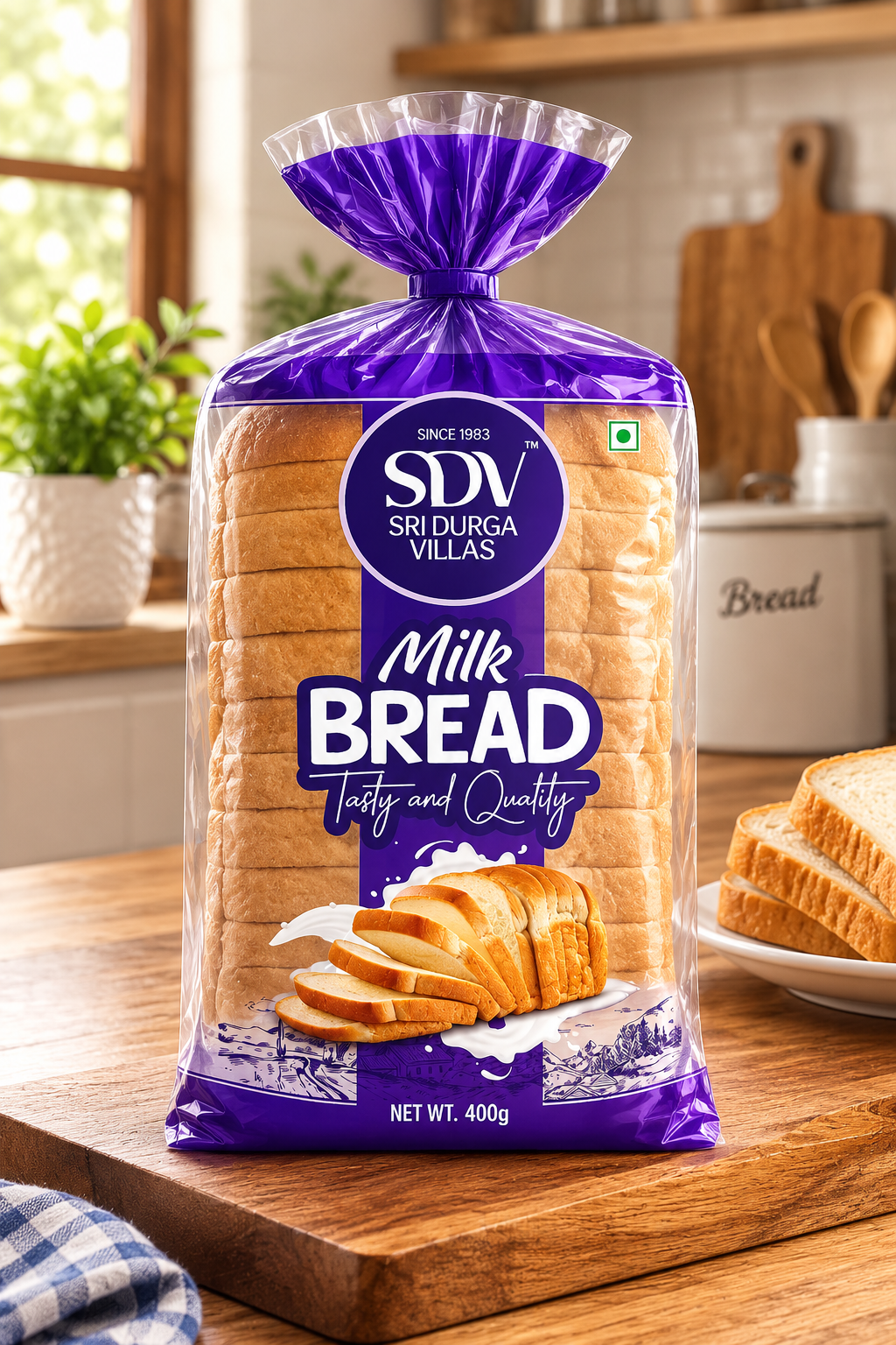 Sri Durga Villas Milk Bread premium transparent bakery packaging design with purple branding, fresh bread slices, and realistic commercial product mockup.