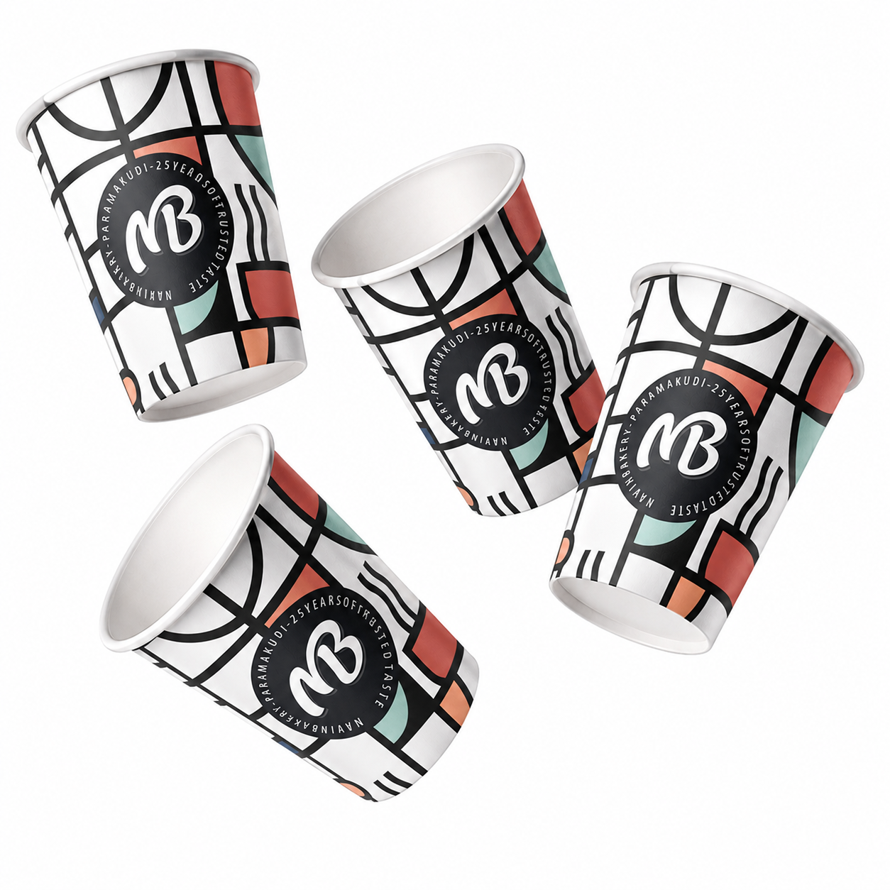 Premium paper cup branding design for MB featuring a modern geometric pattern, custom monogram logo, and contemporary takeaway beverage packaging.