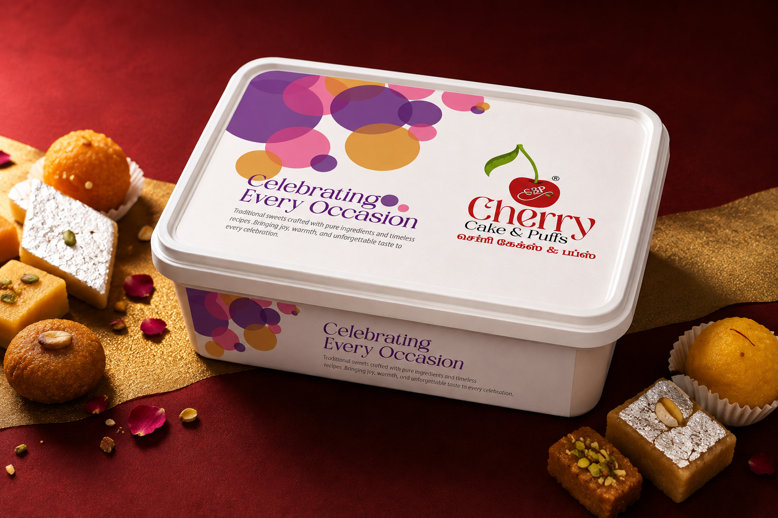 Premium sweet box packaging design for Cherry Cake & Puffs featuring elegant festive branding, colorful celebration graphics, and traditional Indian sweets in a luxury food packaging presentation.